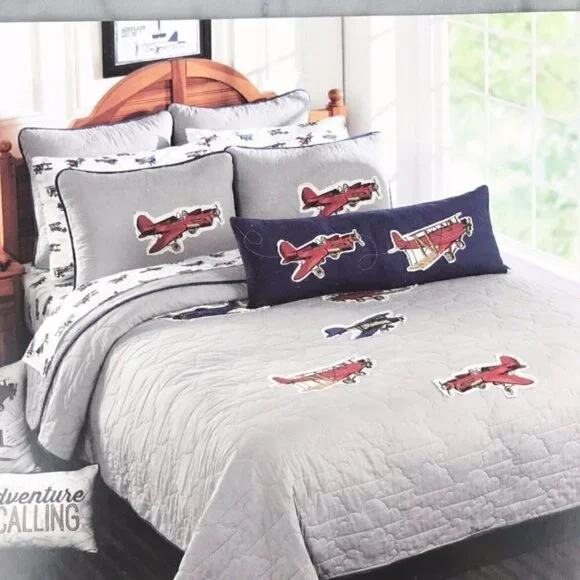 Twin Airplane Quilt Set 2PC Gray Applique Bedding Kids Aviation Cotton Sky Hawk