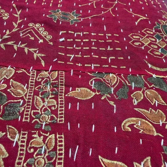 VTG  New Kantha Quilt Throw Blanket Red‎ Teal Floral Paisley Hand Stitched 92x52