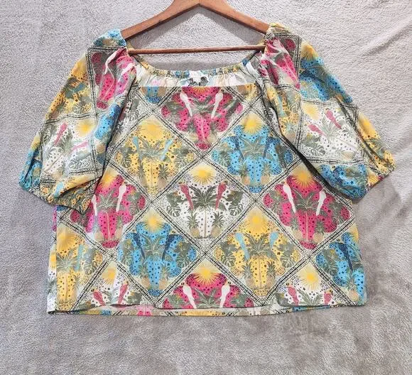 LOFT Palm Puff Sleeve Square Neck Tropical Blouse Size Medium Boho Resort Beach