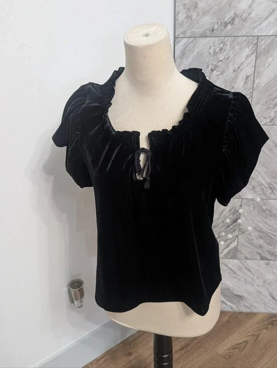 Black Velvet Tie-Neck Women's Top