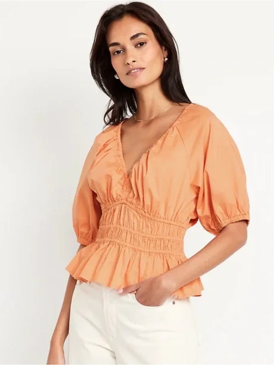 Old Navy Smocked V-Neck Peplum Top Puff Sleeve Orange NWT Size Large Petite