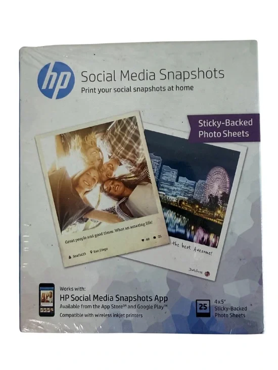 HP Social Media Snapshots Sticky Backed Photo Sheets 4x5 25 Count K6B83A NIP