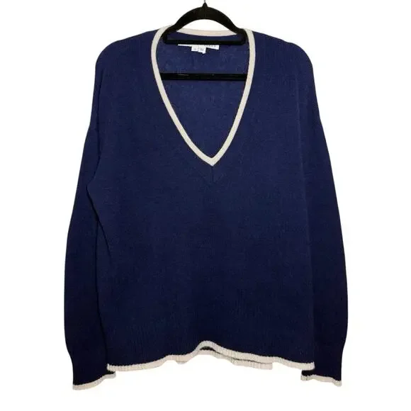 Veronica Beard Navy Blue Cream Trim Cashmere Preppy Cozy V Neck Sweater XS