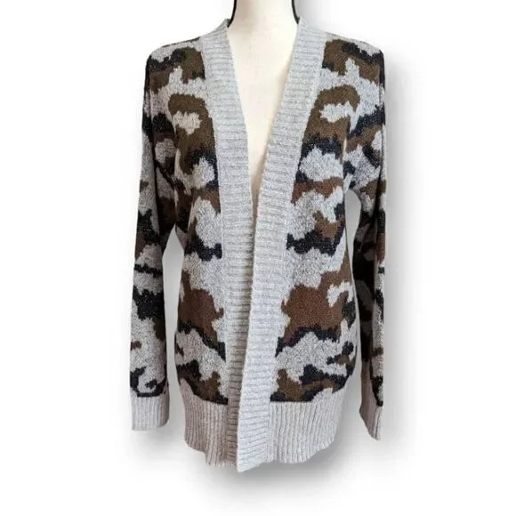 Mystree Womens Cardigan Sweater Knitted Camouflage Gray Small