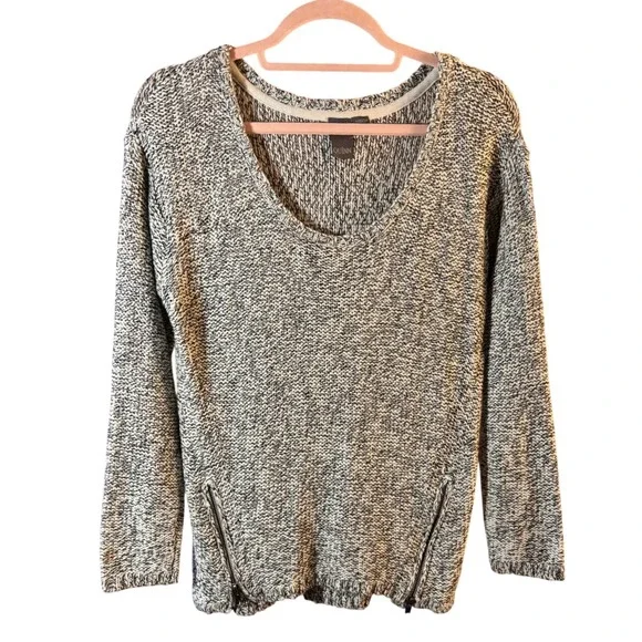 Quinn Womens Marled Knit Scoop Neck Zipper Accent Sweater Black‎ White Medium