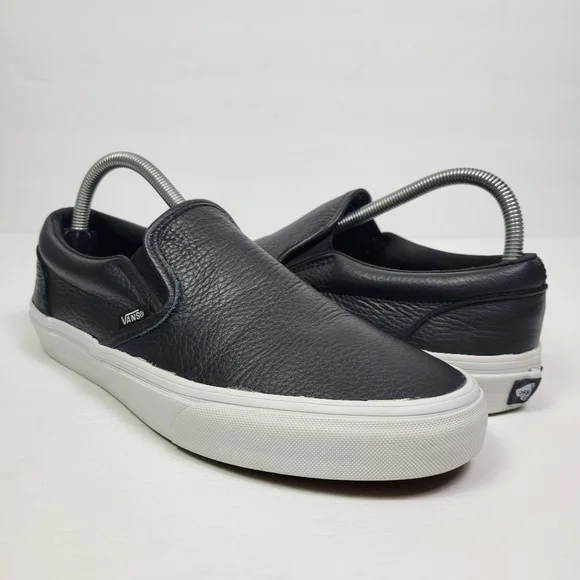 Vans Black Leather Slip-On Sneakers with White Sole