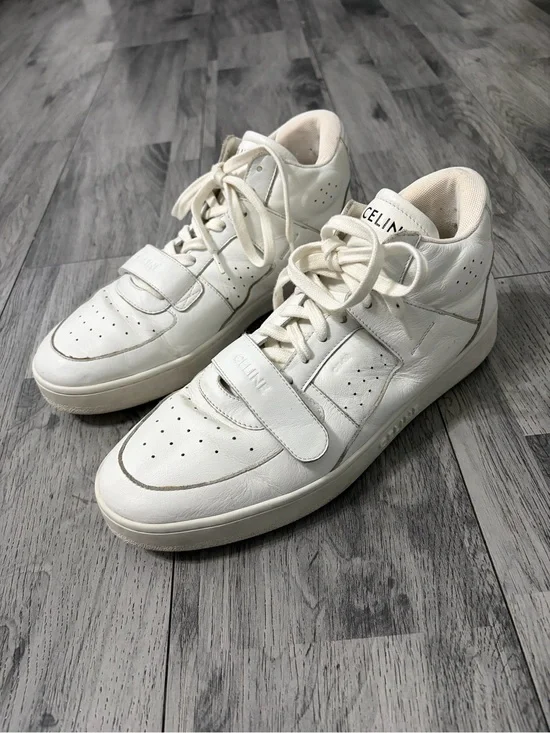 Celine CT-02 Mid Top White Leather Sneakers with Strap