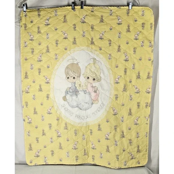 Vintage Double Sided Precious Moments Yellow‎ Baby Quilt Crib Toddler Blanket