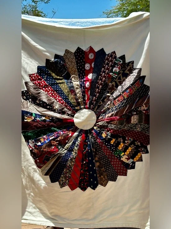 Handmade Flannel Quilt made of White Flannel & neckties made into a flower.