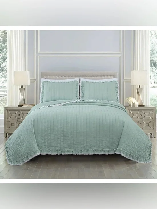 Sage Green Queen 3 piece Ruffled Quilt Set 100% cotton