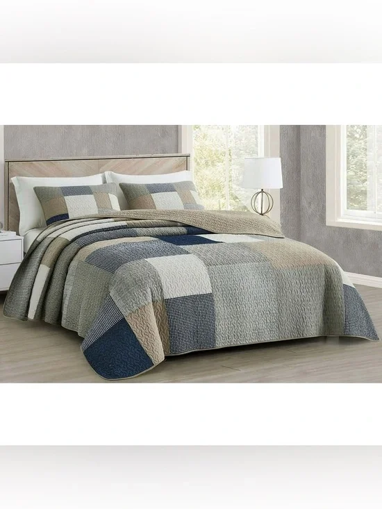 Quilted Patchwork cotton queen 3 piece quilt set