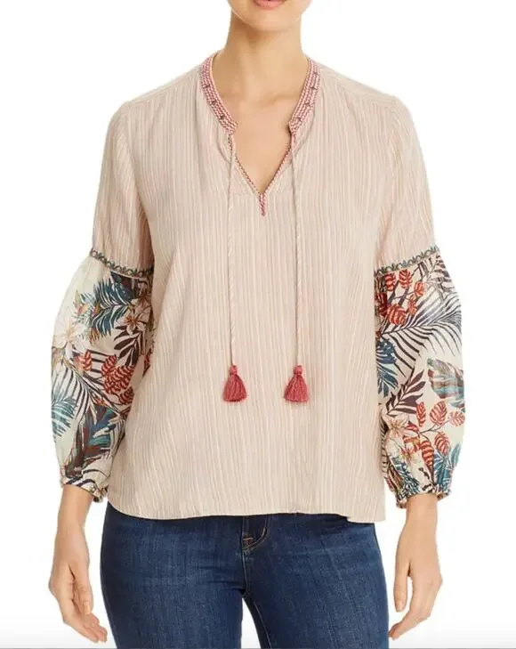 Johnny Was Effortless Peasant Top Puff Tropical Floral Tassel-Tie Split Neck 1X
