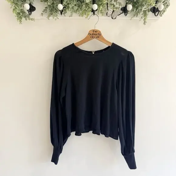 Free People Black Long Sleeve Puff bishop Sleeves Blouse Textured Back Size S