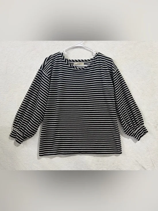 LOFT Black & White Striped Long Sleeve Velvety Blouse