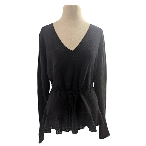 MaxStudio‎ Cahsmere Sweater Women M Black V-Neck Tie Waist Peplum Bell Sleeve XL