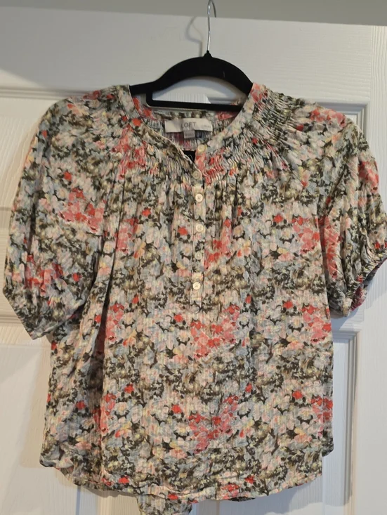 LOFT Coral, Olive and Cream Floral Smocked-Neck Blouse