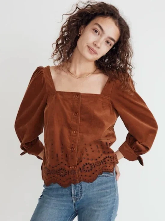 Madewell  Embroidered Eyelet Corduroy Tie-Sleeve Top. 100 % cotton!!✨