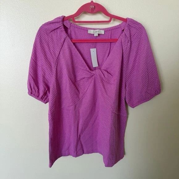 LOFT Seersucker Twist Puff Sleeve Top in Lilac Taffy