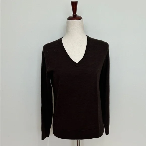 Talbots Dark Brown Merino Wool V-Neck Sweater Size‎ Medium Petite EUC