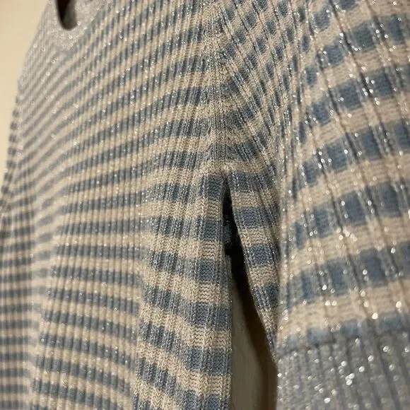 ~ Brooks Brothers XL Sweater Short Sleeved Striped Metallic Ribbed Knit Lt Blue