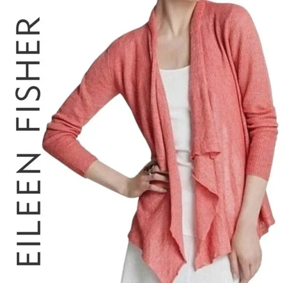 Eileen Fisher, Cascading Cardigan, Open Front, Linen,‎ Coral