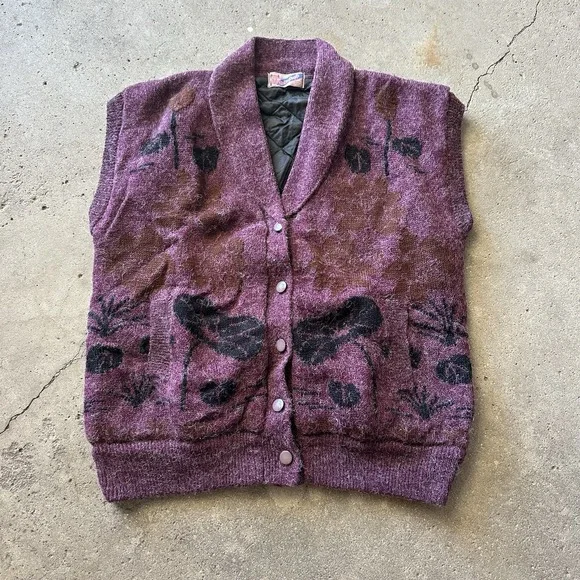 Vintage Wang Kong Women's Rose Knit Cardigan Quilted Lined Vest Size L Retro 70s