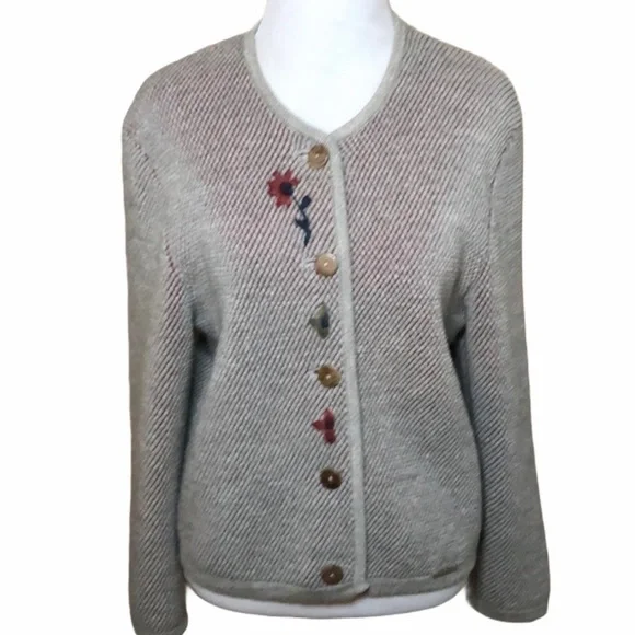 Vintage Geiger Austrian Wool Cardigan Size 36 – Folk Embroidery, Wooden Buttons