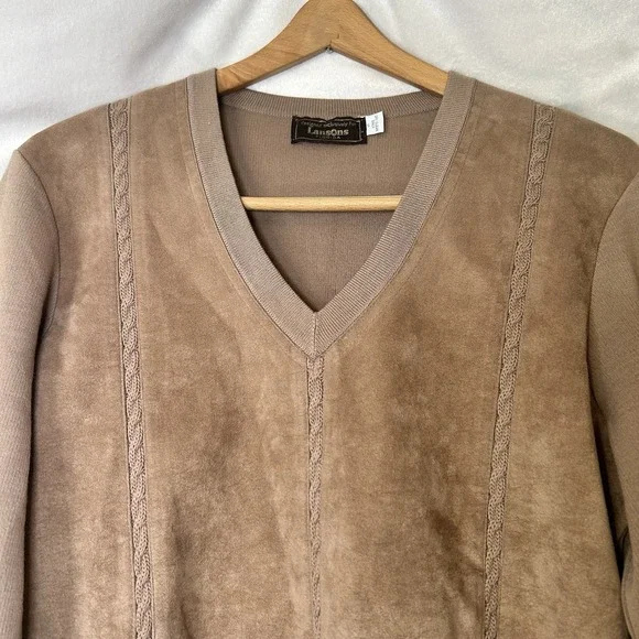 VTG 80s Lansons Of Florida Tan 100% Zephyr Wool Ultra Suede Sweater‎ Top Size S