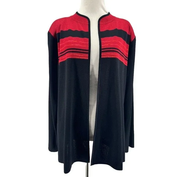 Exclusively Misook Women's Black Red Long Sleeve Open Front Knit Cardigan Large