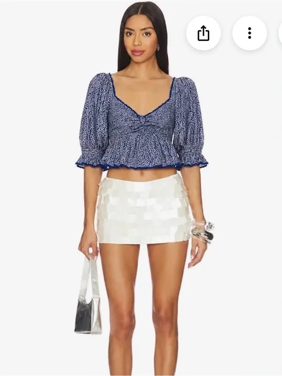 NWT! - Free People Navy Blue Floral Puff-Sleeve Peplum Blouse - super cute!