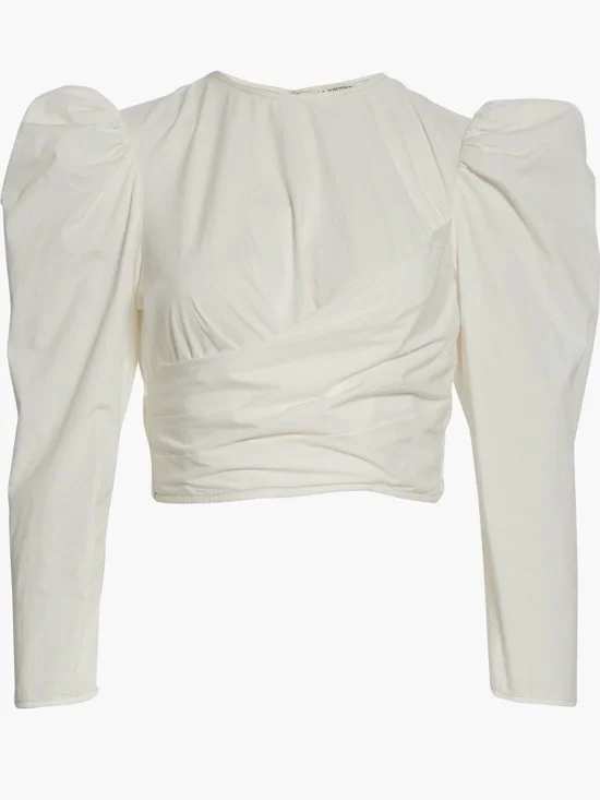 Ulla Johnson Eden Wrap Back Cutout Cream Puff Sleeve Ruched Cropped Top Size 0