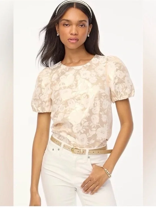 Jcrew gold floral jacquard puff sleeve top size xs