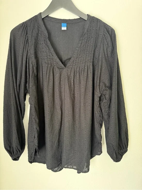 Old Navy Black Clip Dot Poet Tunic Blouse Pleated Puff Long Sleeve Top Medium