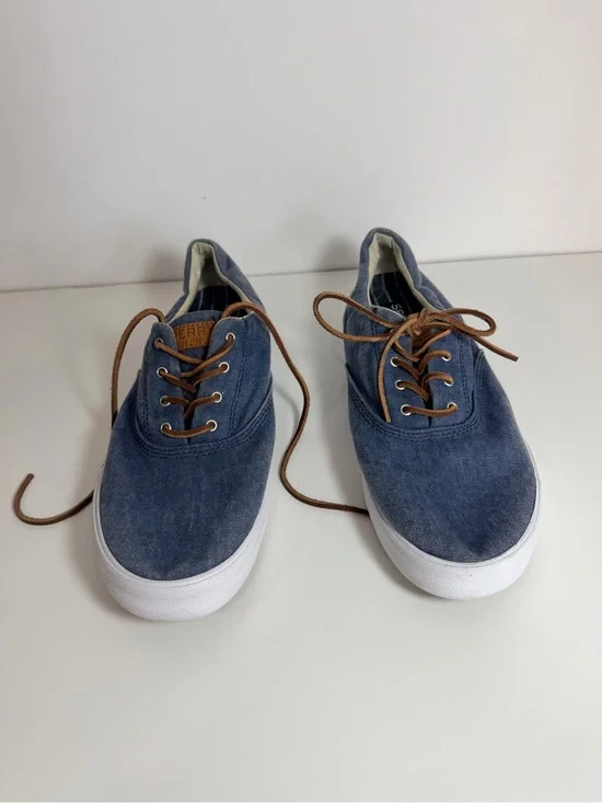 Sperry Denim Blue Canvas Low-Top Sneakers with Brown Laces