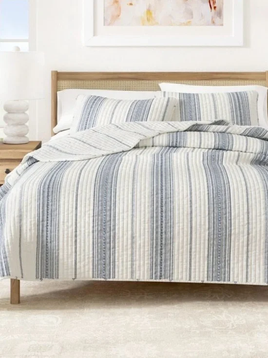 Striped Blue and White Quilt Set - Home Bedding
