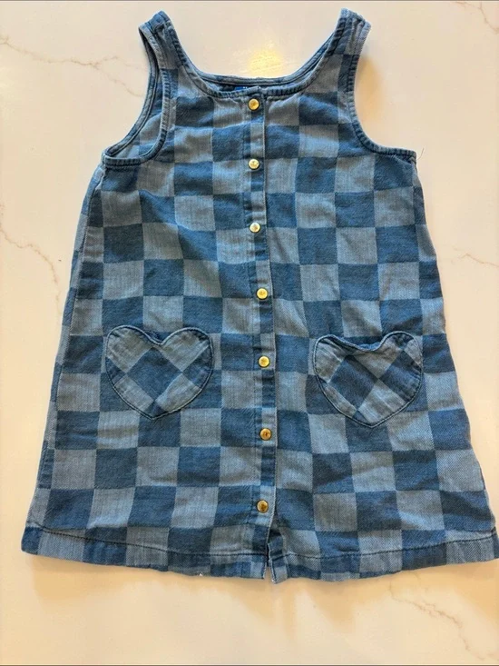 Girls Blue Checkered Button Front Dress with Heart Pockets