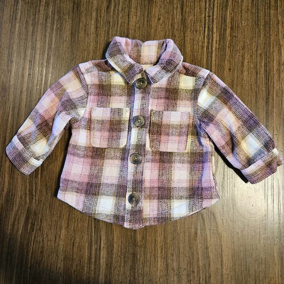 Old Navy Kids Plaid Flannel Shirt Jacket - Pink, Brown, Cream Infant 3-6 Months