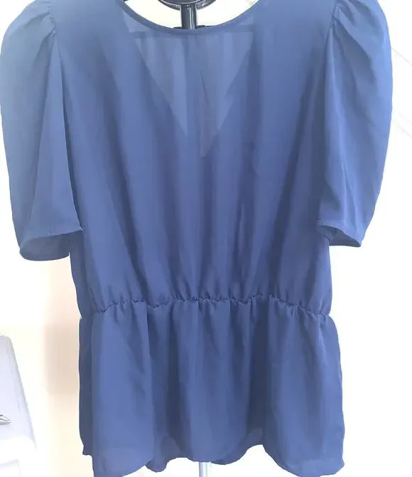 Banana Republic Short Sleeve Blouse Medium Navy Blue Puff Sleeve