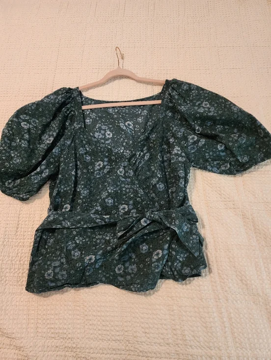 Madewell Women’s Puff Sleeve Tie Waist Blue Green Floral Wrap Top 100% Cotton 1X