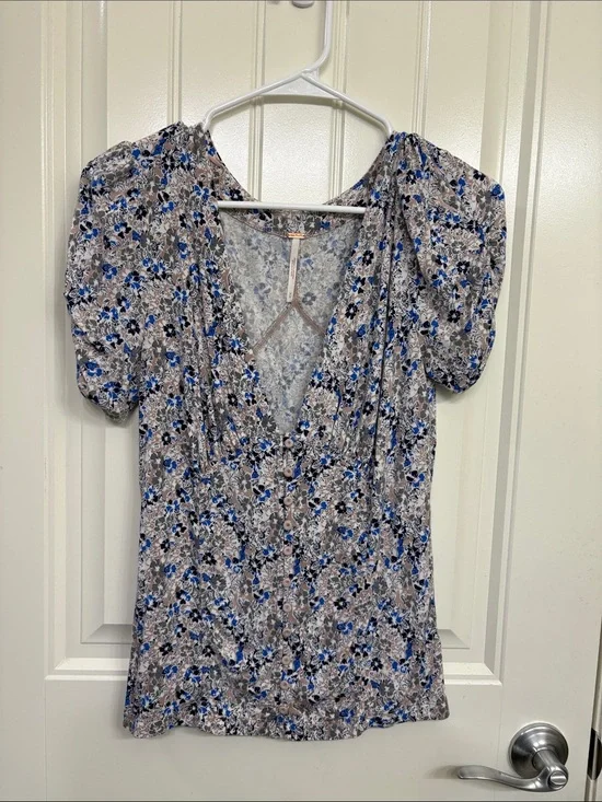Free People Blue Floral Puff-Sleeve Button-Front Blouse Boho