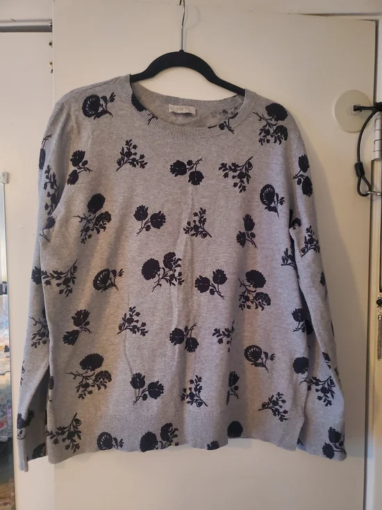LOFT Gray Crewneck Sweater with Black Floral Print