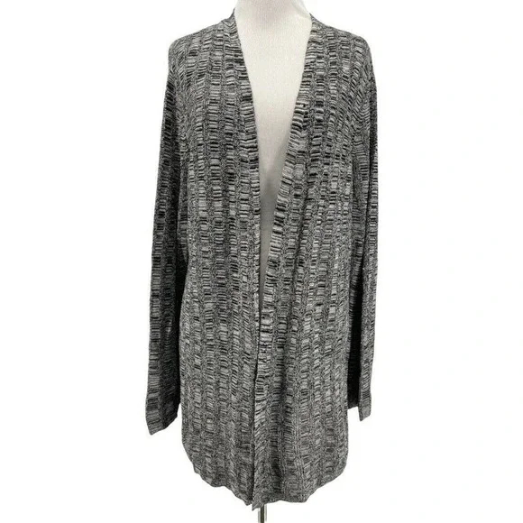 Eileen Fisher Black White Silk Linen Open Front Cardigan Sweater Size Medium
