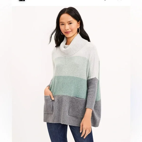 LOFT color block Cowl Neck poncho Sweater green gray cotton blend oversized XS