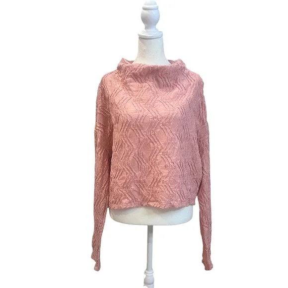 Anthropologie Pink textured cowl neck top sweater size large‎
