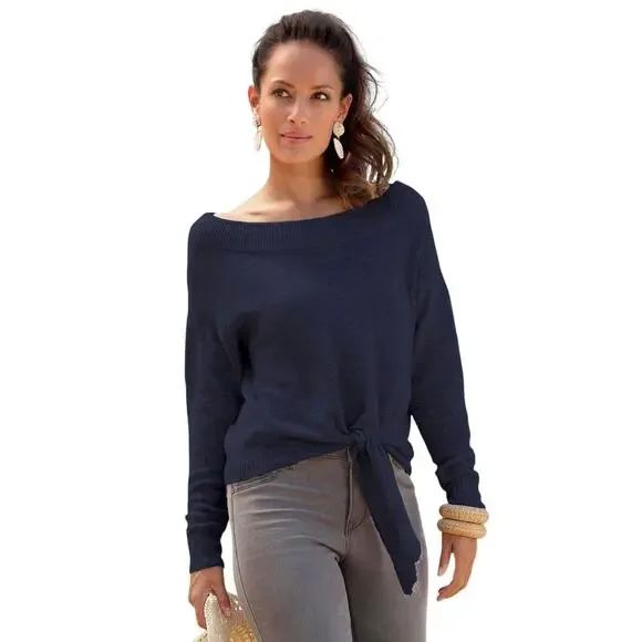LASCANA Boatneck Blue Sweater | Tie Waist Cozy‎ Lightweight Fall Top | SMALL