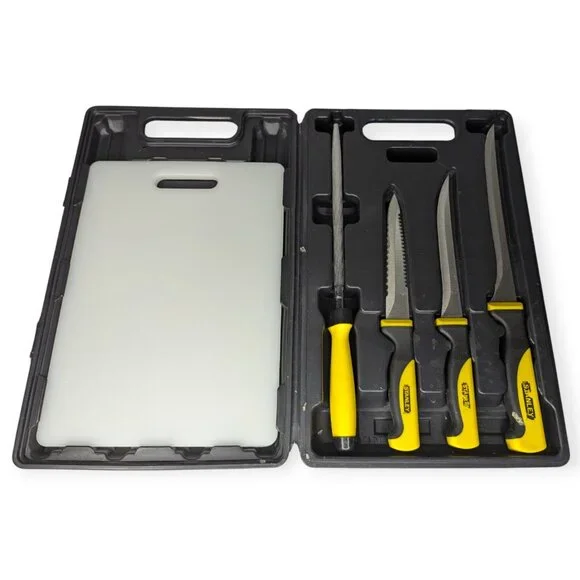 Stanley Yellow Handled 3 Knife Set with Cutting Board & Black Plastic Case