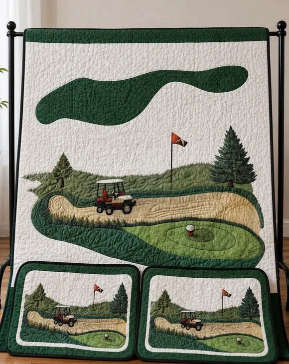 Golf Course Quilt Set Throw Blanket w/ 2 Matching Pillow Shams 88