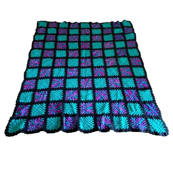 Handmade Crochet granny quilt with teal green/black & purple accents