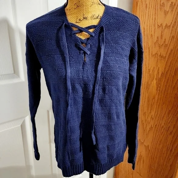 Old Navy Lace Up Front Neckline Blue Sweater Women's XS Textured Knit Stripes
