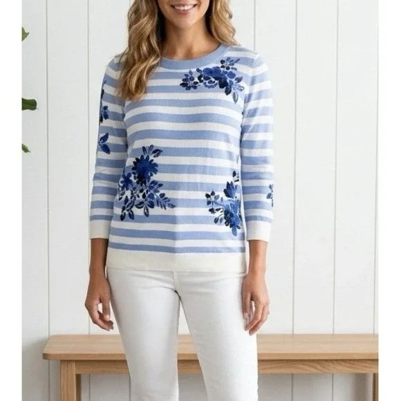 Talbots‎ Sweater Women S Blue Striped Floral 3/4 Sleeve Cotton Blend Preppy NWT